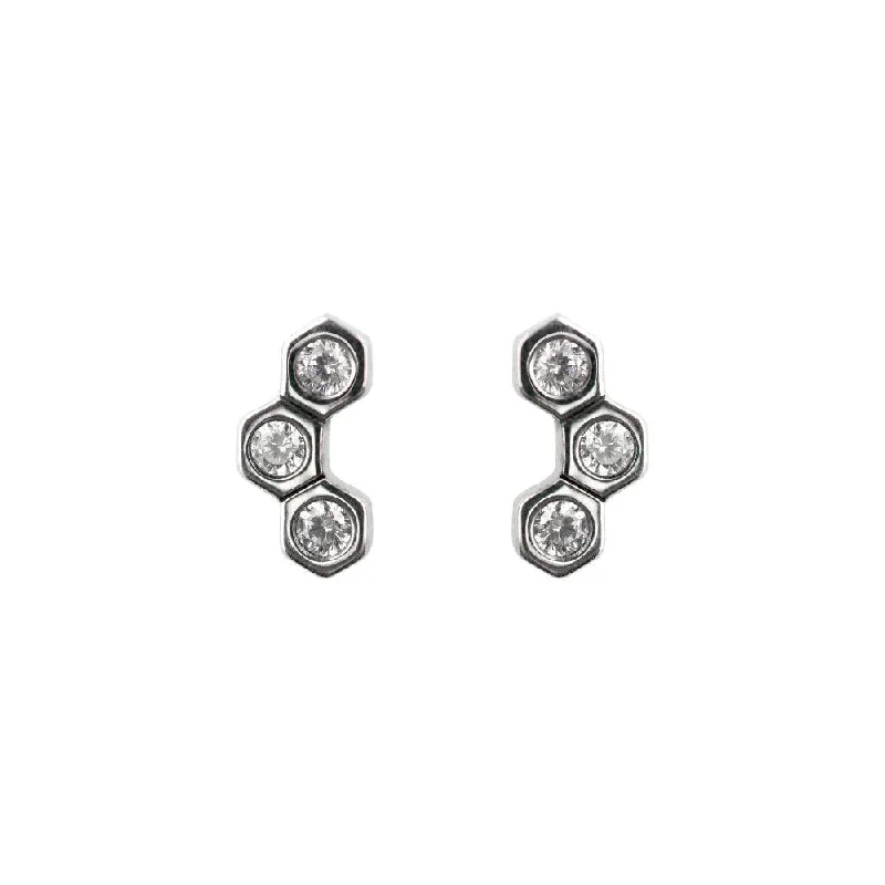 Large Silver Hoop Earrings-Triple Hex Cubic Zirconia Stud Earrings