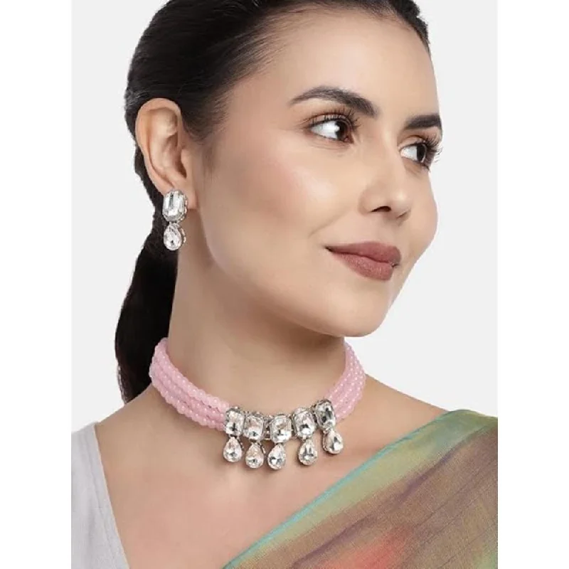 Custom Birthstone Necklace-Etnico Silver Plated Traditional Stone Studded Pearl Choker Necklace with Earrings Set For Women (ML249ZPi)