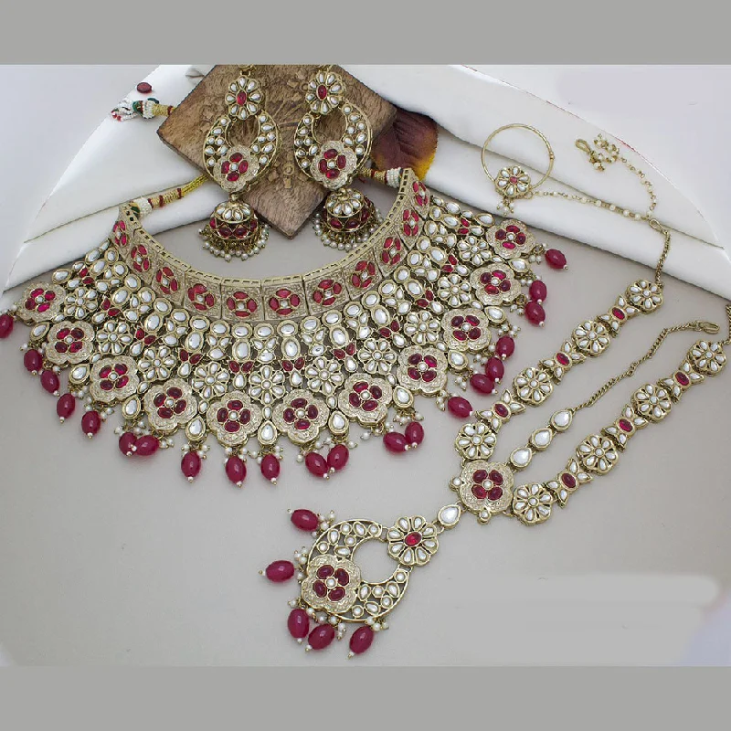 Modern Gold Necklace-JCM Gold Plated Kundan Stone And Pearls Semi Bridal Necklace Set