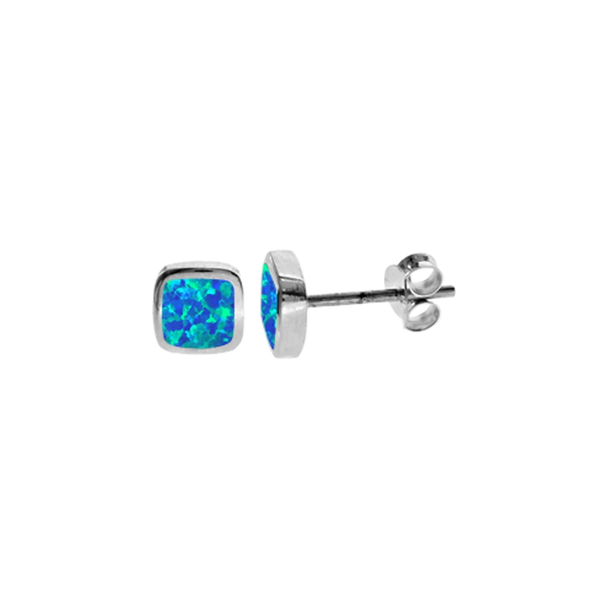 Fashionable Ear Cuffs-Silver Squircle Blue Opal Stud Earrings