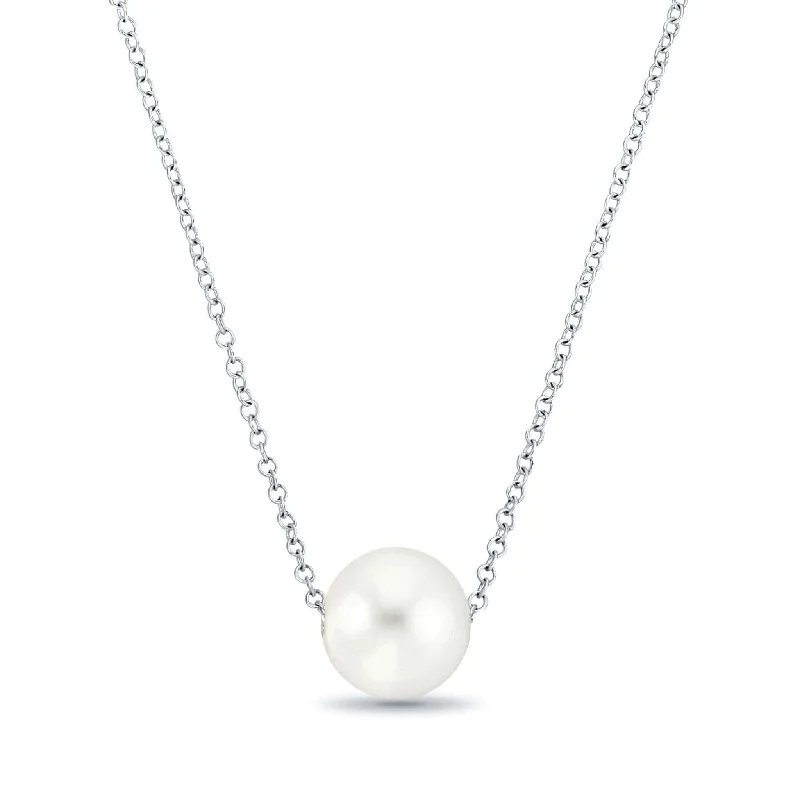 Crystal Bar Necklace-Floating Freshwater Pearl Necklace On Sterling Silver Chain