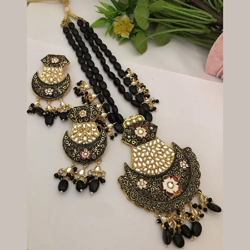 Celebrity Style Necklace-FS Collection Gold Plated Kundan Stone And Meenakari Long Necklace Set