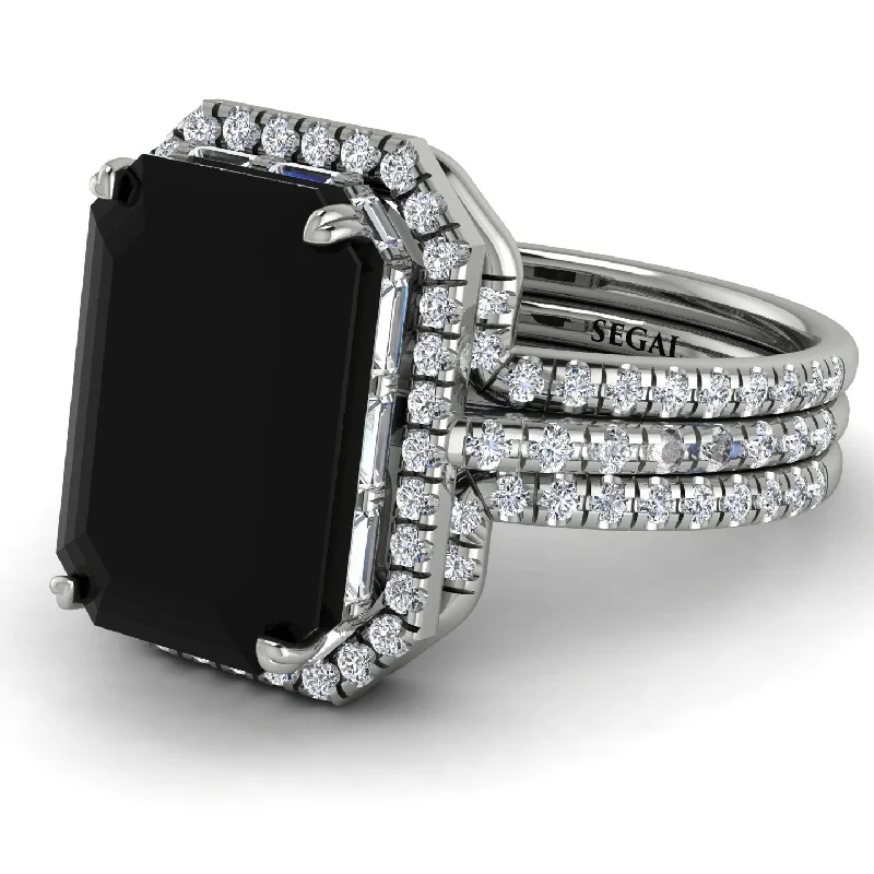 Customizable Birthstone Ring-Kristina's Bridal Set Halo Emerald Cut Diamond Ring With Hidden Diamonds - Rowan No. 900