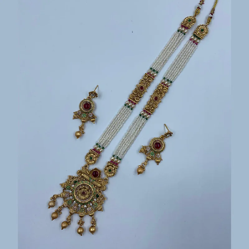 Art Nouveau Necklace-The Fashion Jewels Gold Plated Pota Stone And Pearl Long Necklace Set