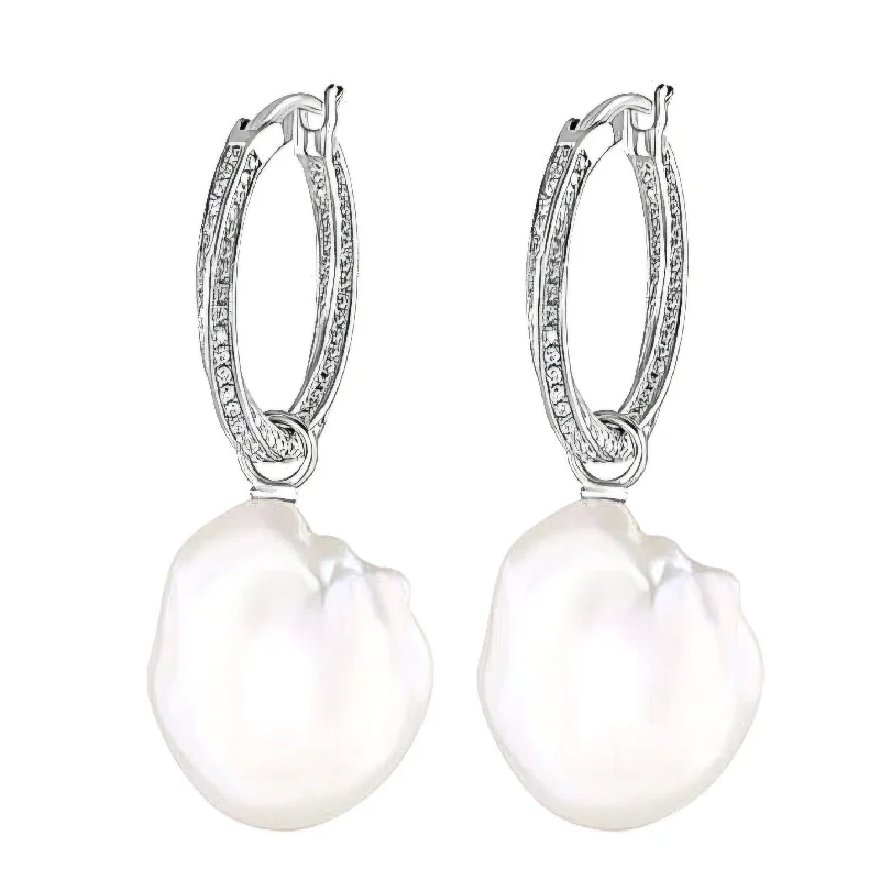 Designer Silver Earrings-Sterling Silver Large Baroque Pearl and Cubic Zirconia Hoop Earrings