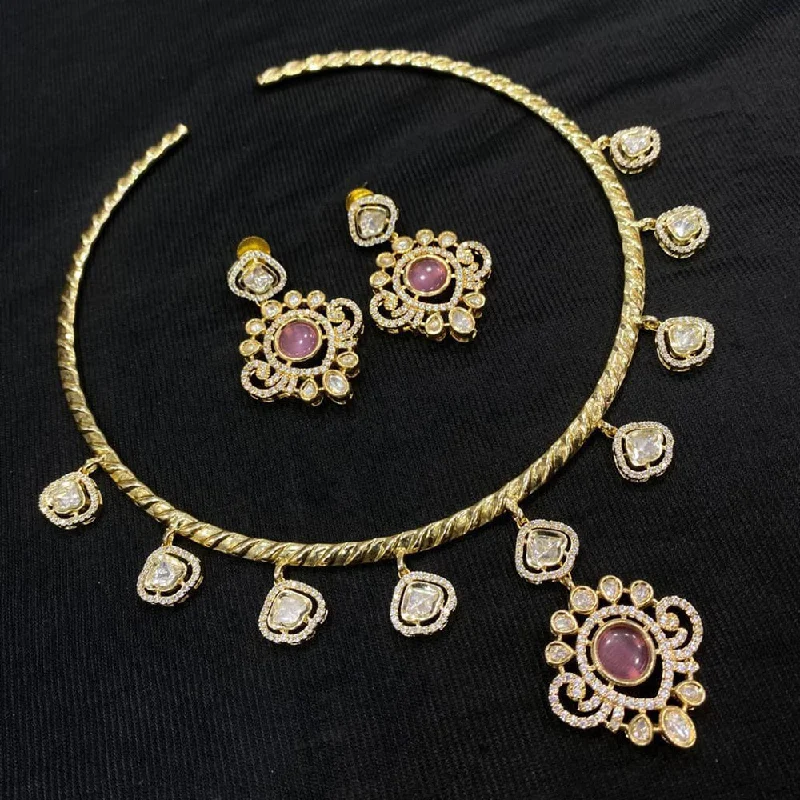 Gold Necklace with Gemstones-JCM Gold Plated Polki Kundan Stone Choker Necklace Set