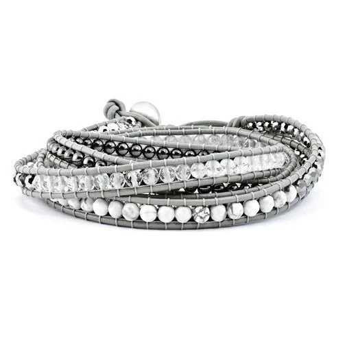 Silver Bead Bracelets-Crystal, Hematite & White Howlite Bead Leather Multi-Wrap Bead Bracelet