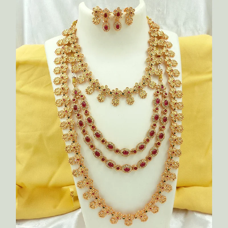 Classic Silver Necklace-Joyful Jewel Art Matte Gold Plated Pota Stone Long Necklace Combo