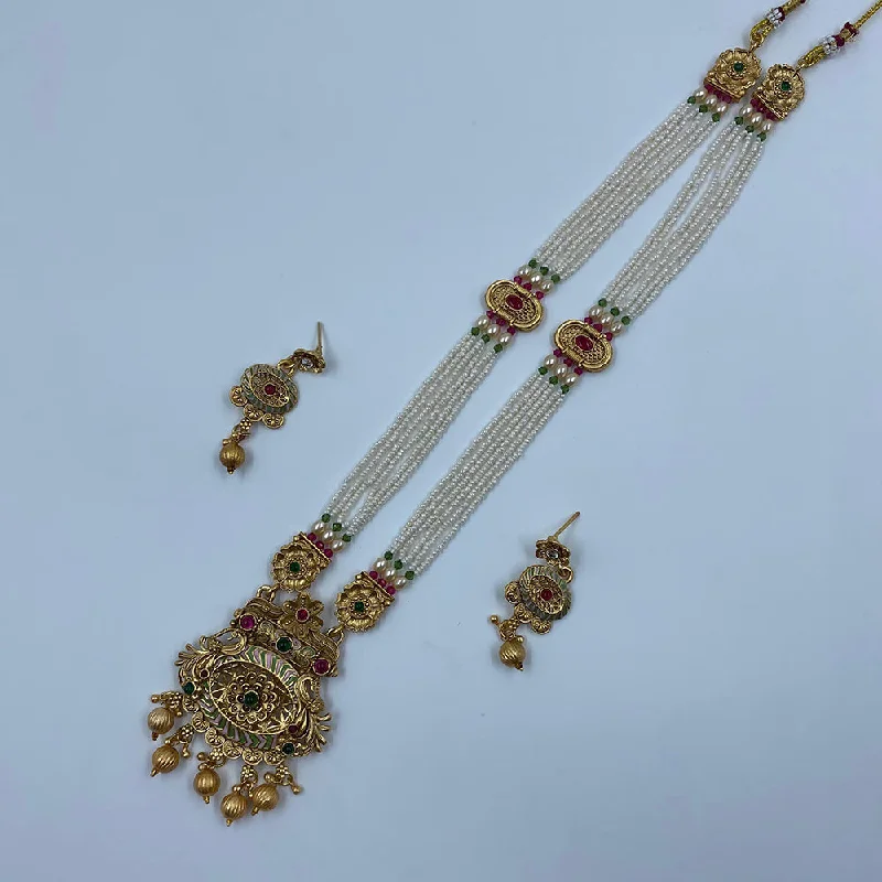 Simple Gemstone Necklace-The Fashion Jewels Gold Plated Pota Stone And Pearl Long Necklace Set