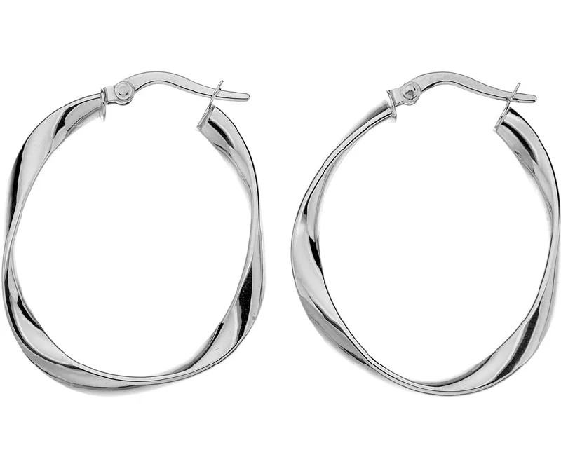 Cute Animal Earrings-9ct White Gold Subtle Twist Oval Hoop Earrings