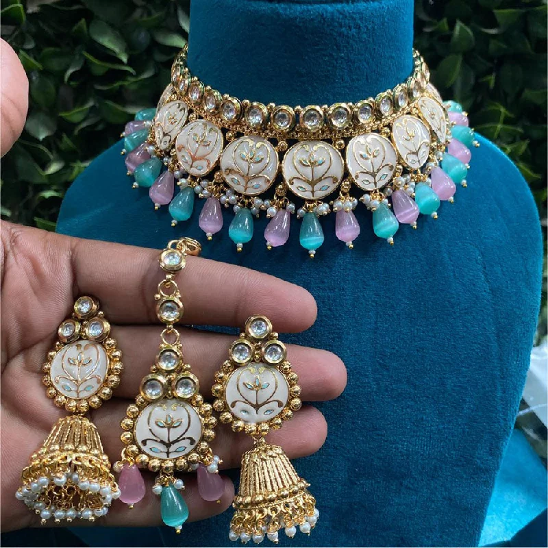 Retro Style Necklace-Royal Kundan Jewellery Gold Plated Crystal Stone And Beads Choker Necklace Set