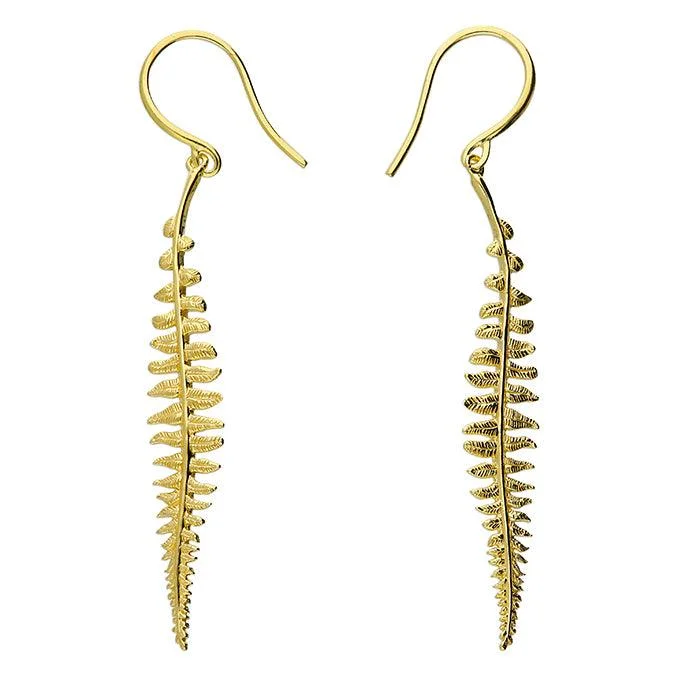 Antique Gold Earrings-Gold Textured Fern Drop Earrings