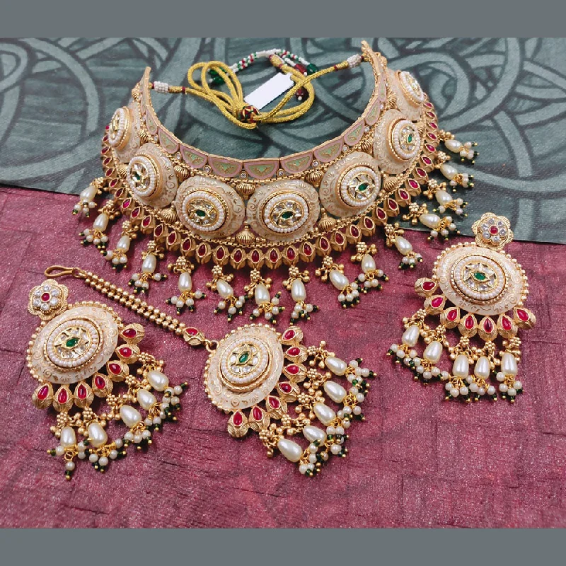 Unique Designer Necklace-Akruti Collection Gold Plated Pota Stone And Pearls Choker Necklace Set