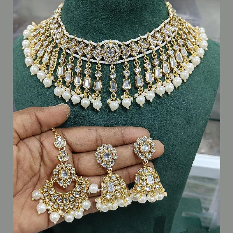 Fancy Choker Necklace-Rani Sati Jewels Gold Plated Kundan Stone And Pearls Necklace Set