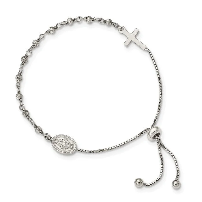 Simple Chain Bracelets-Sterling Silver Miraculous Medal and Cross Adjustable Bolo Bracelet