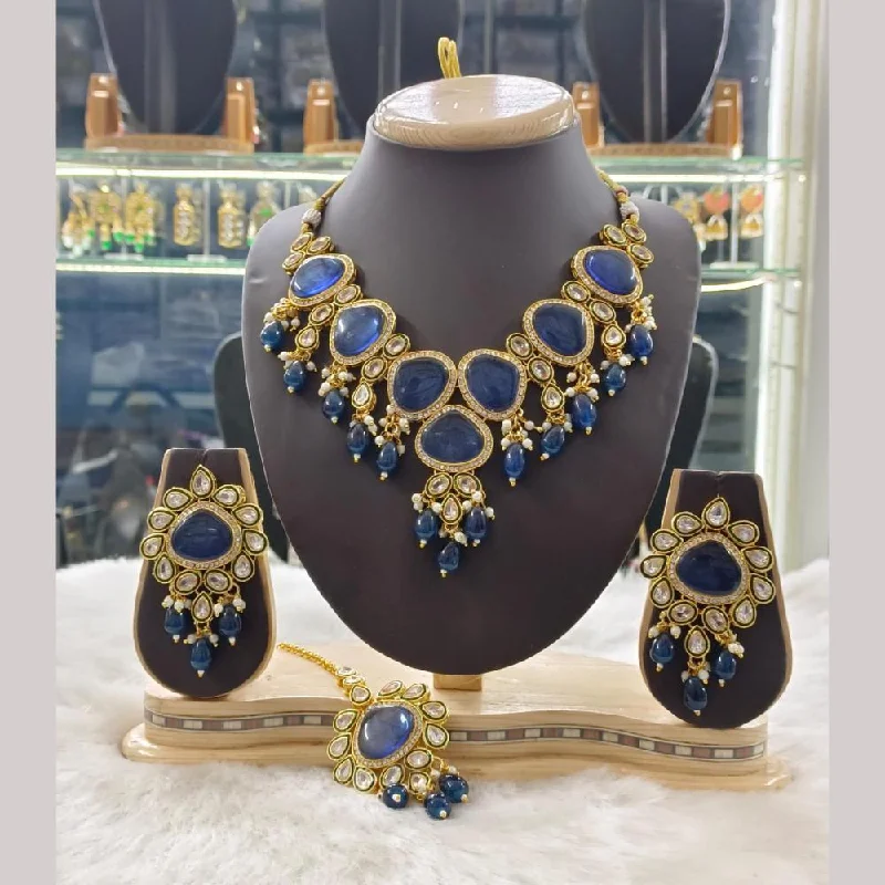 Stylish Pendant Necklace-Palak Art Gold Plated Crystal Stone and Beads Necklace Set