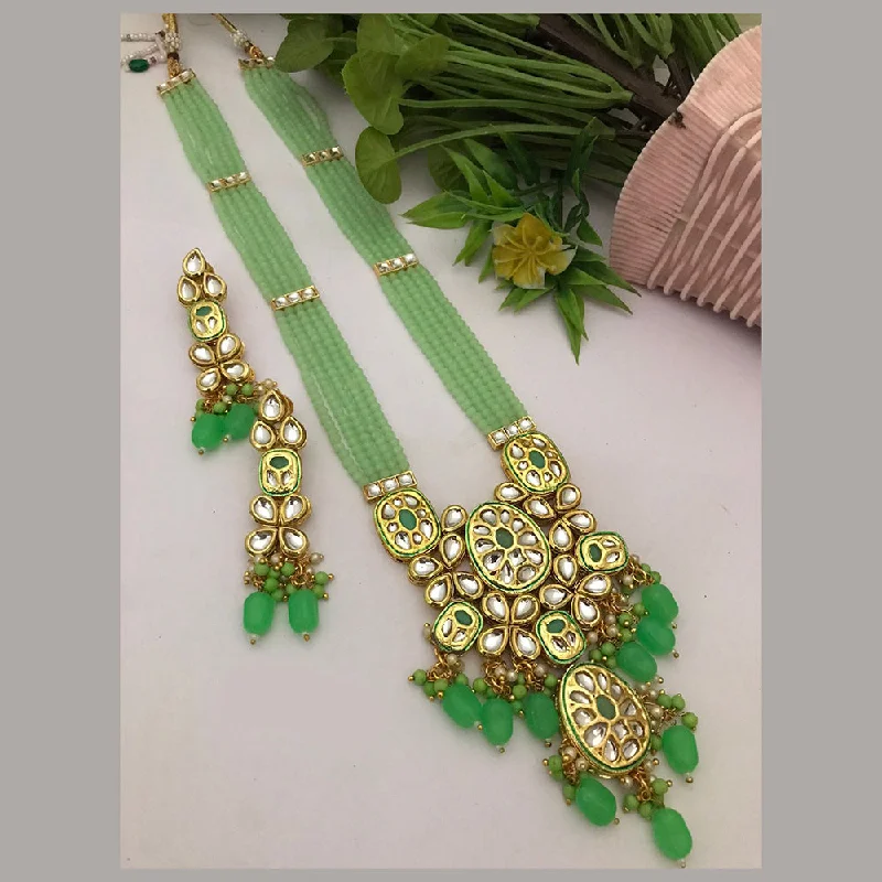 Layered Gold Necklace-FS Collection Gold Plated Kundan Stone And Pearls Long Necklace Set