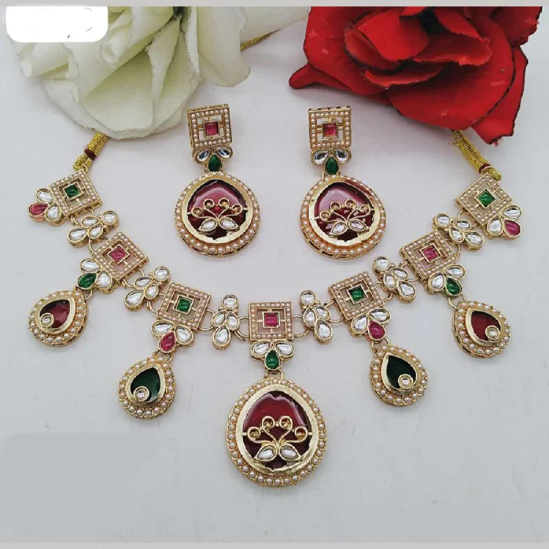 Silver Chain Necklace-FS Collection Gold Plated Kundan Stone And Pearls Necklace Set