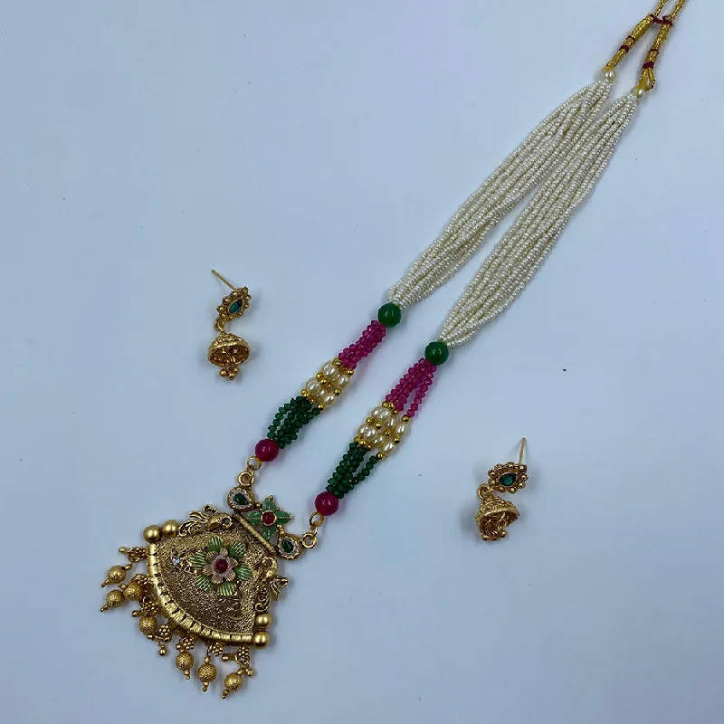 Elegant Gold Leaf Necklace-The Fashion Jewels Gold Plated Pota Stone And Pearl Long Necklace Set