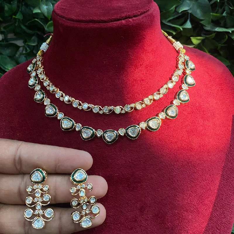 Classic Gold Pendant Necklace-Amoliya Jewels Gold Plated Polki Kundan Necklace Set