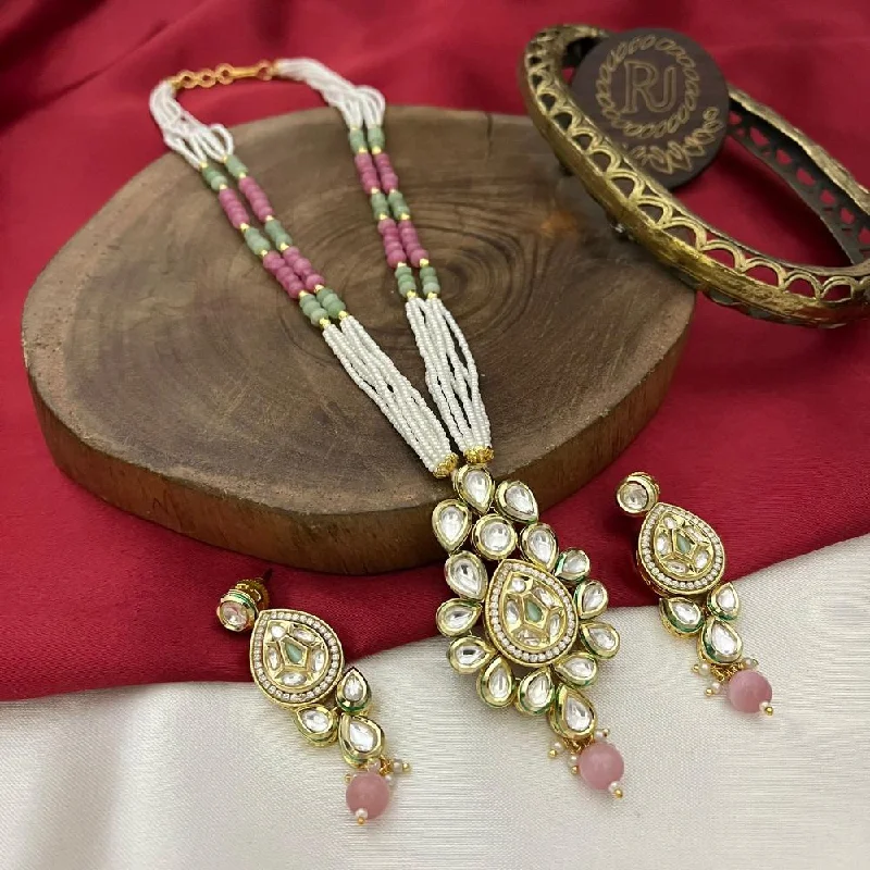 Gold Pendant Necklace-FS Collection Gold Plated Polki Kundan Stone And Pearls Long Necklace Set