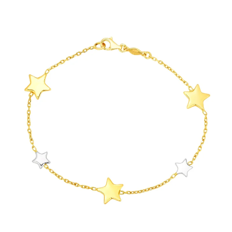 Crystal Charm Bracelets-14kt Gold 7.5 inches Yellow+White Rhodium Finish 9.6mm Shiny Star Star Stationed Bracelet with Lobster Clasp