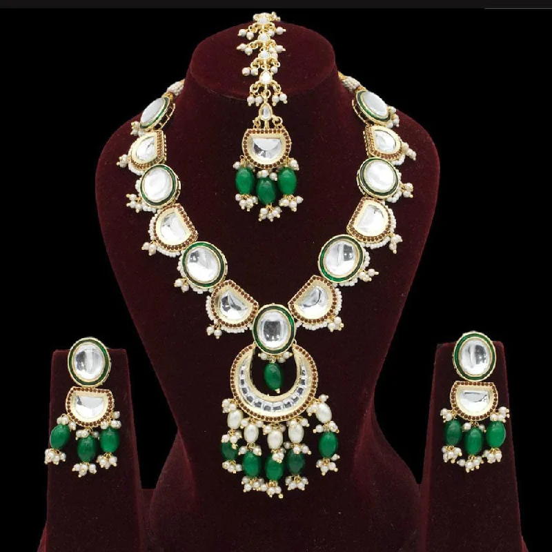 Classic Pendant Necklace-Pooja Bangles Gold Plated Kundan Stone And Pearls Meenakari Necklace Set