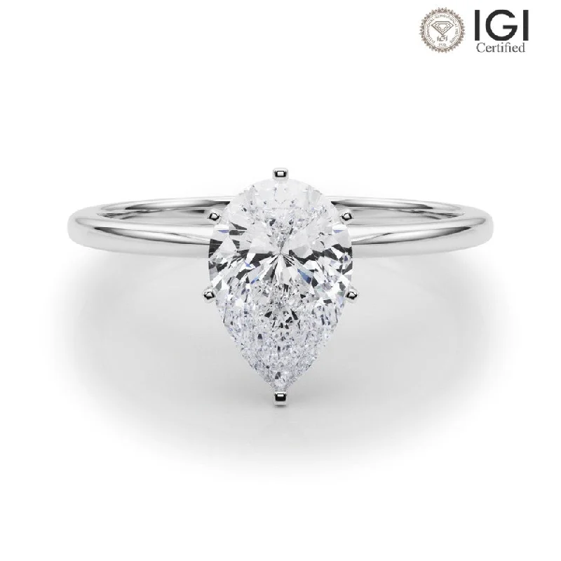 Classic Silver Wedding Band-Angelica Pear Lab Grown Diamond Solitaire Engagement Ring IGI Certified