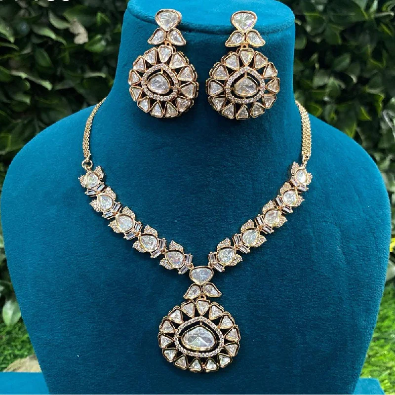 Birthstone Necklace for Mom-Amoliya Jewels Gold Plated Polki Kundan Stone Necklace Set