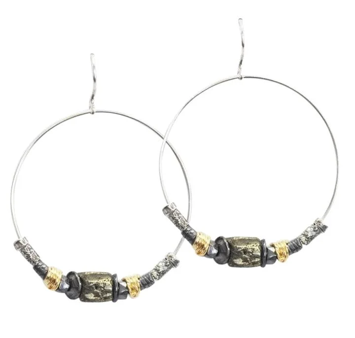 Trendy Gemstone Earrings-Gold and Silver Multi Element Hoop Drop Earrings