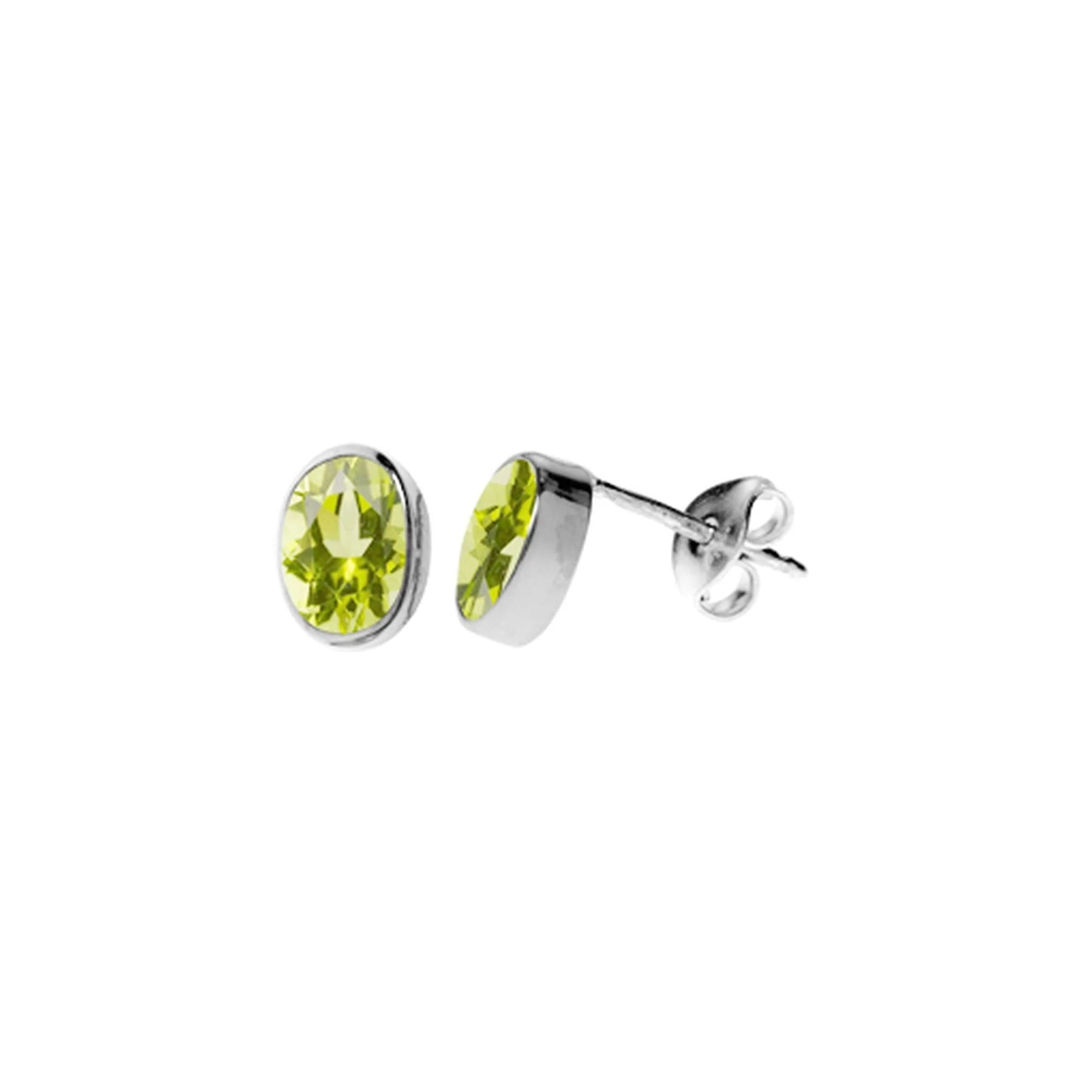 Feather Earrings-Peridot Faceted Oval Plain Stud Earrings