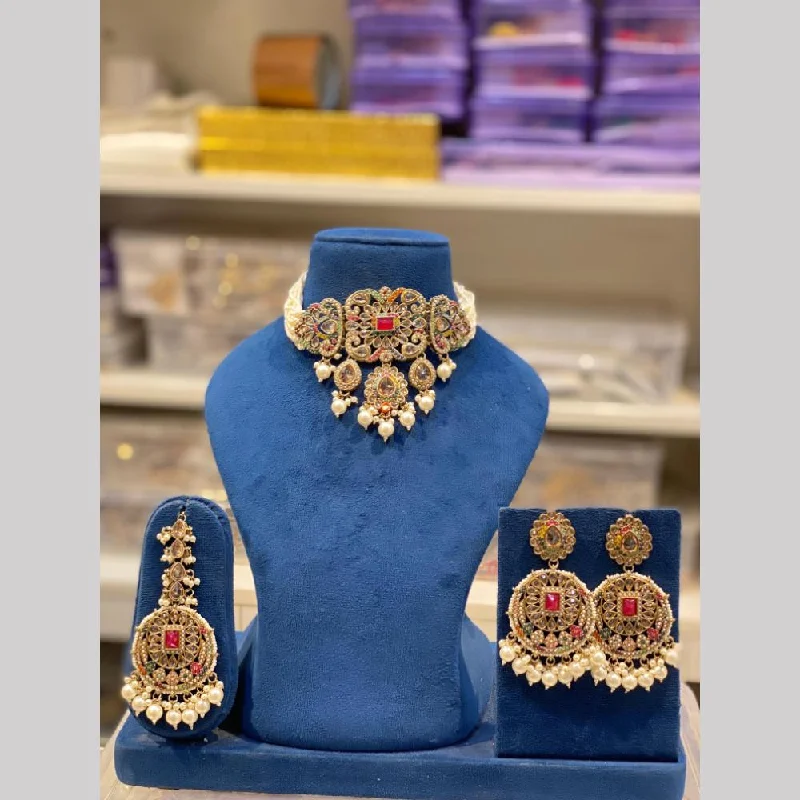 Birthstone Necklace for Mom-Hira Collections Gold Plated Kundan Stone And Pearls Choker Necklace Set