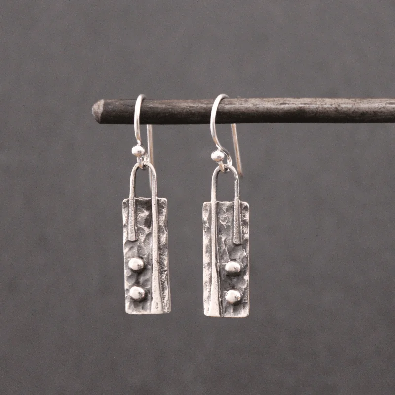 Handcrafted Wooden Earrings-Silver Hammered Rectangle Drop Earrings