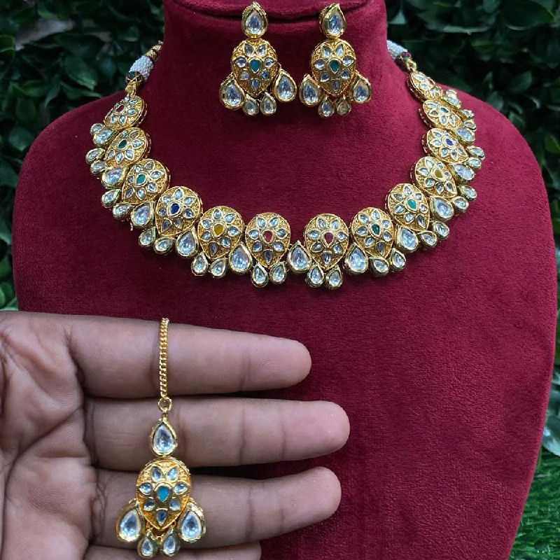 Chunky Silver Necklace-Amoliya Jewels Gold Plated Polki Kundan Necklace Set