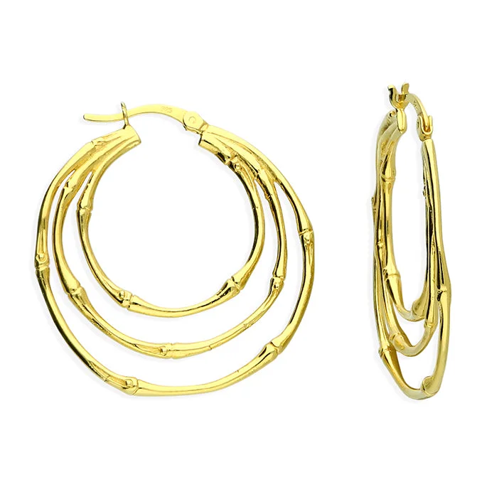 Unique Designer Earrings-18ct Gold Plated Silver Triple Bamboo Style Hoop Earrings