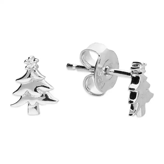 Trendy Tassel Earrings-Sterling Silver Cubic Zirconia Christmas Tree Stud Earrings