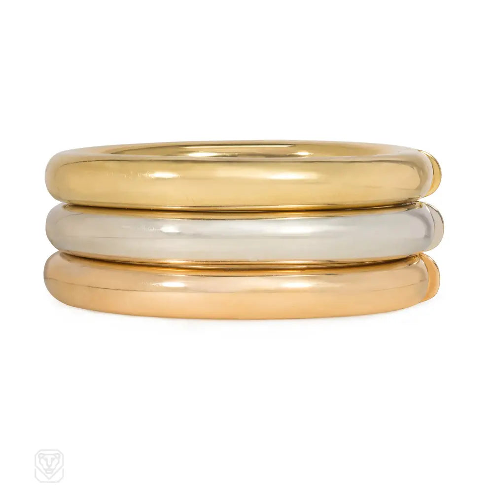 Wedding Bangle Set for Bridesmaids-1970s three-color gold hinged bangles