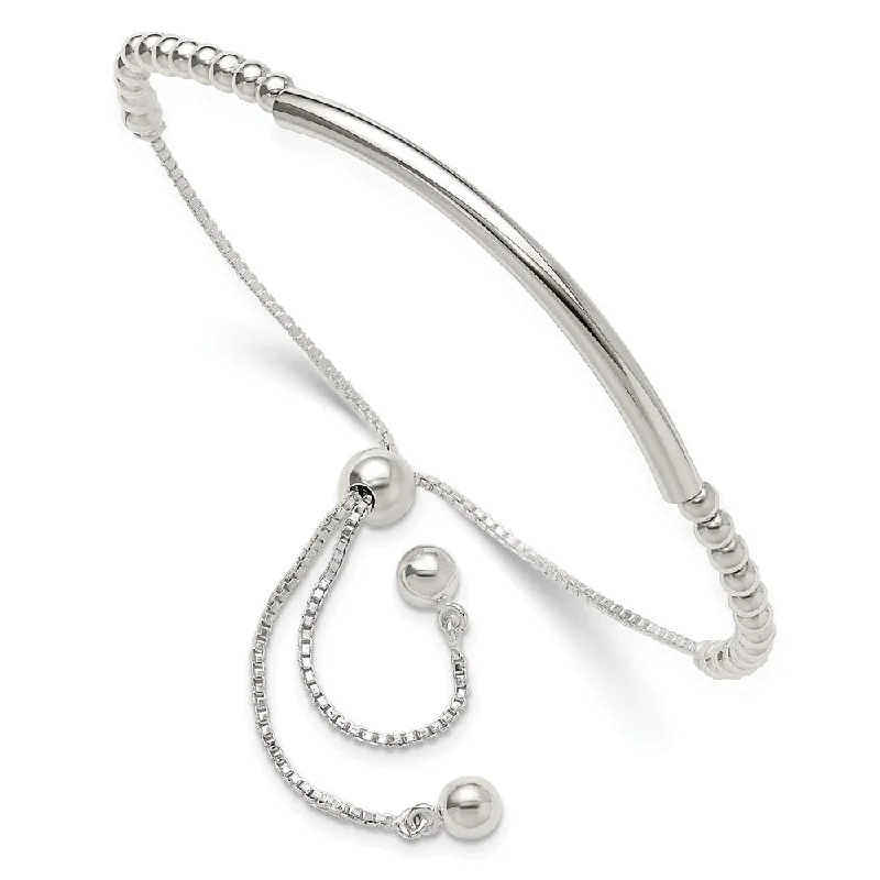 Silver Charm Bracelets-Sterling Silver Curved Bar and Bead Adjustable Bolo Lariat Friendship Bracelet