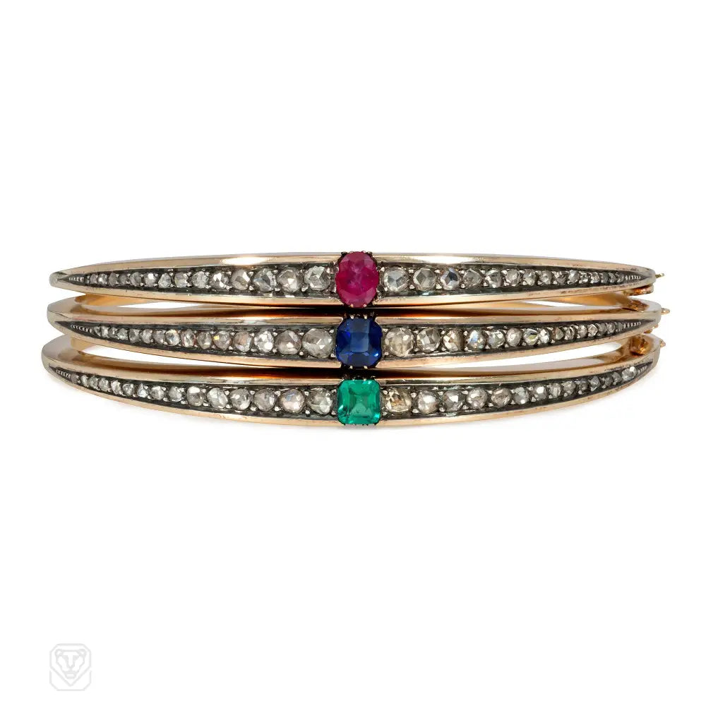 Wedding Bangle Sets-Three antique French diamond, gold, and gem-set bangles