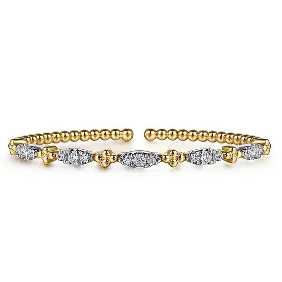 Silver Bangles Set-14K White Yellow Gold Bujukan Beads and Diamond Station Split Bangle Bracelet