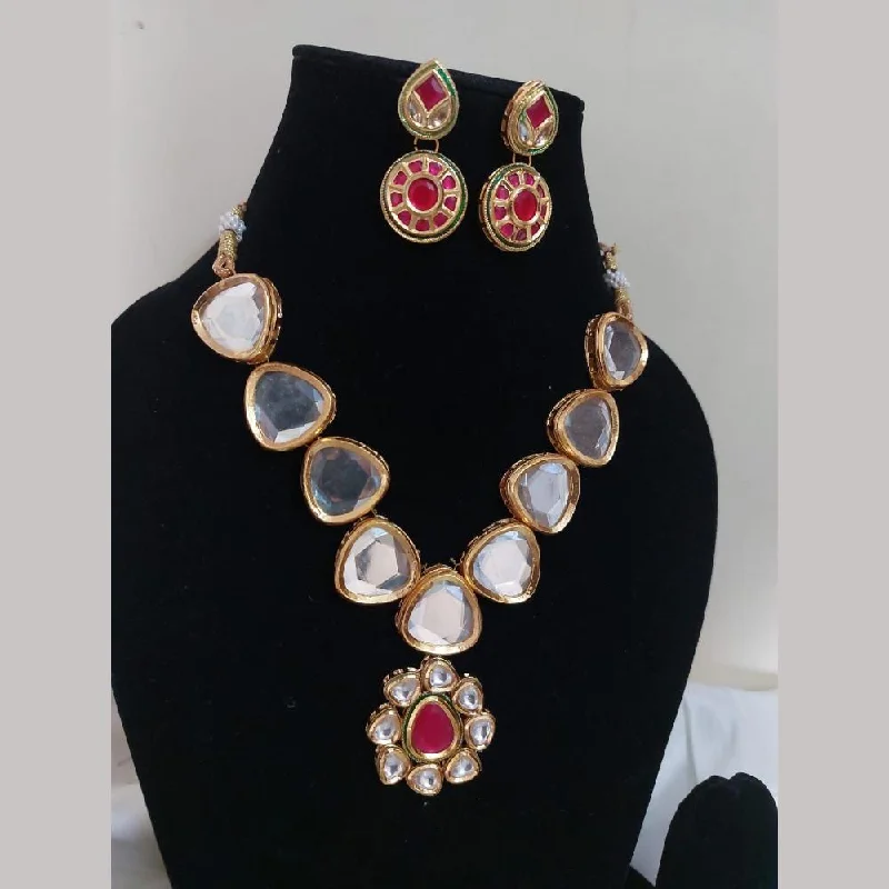 Stylish Pendant Necklace-FS Collections Gold Plated Kundan Stone Necklace Set