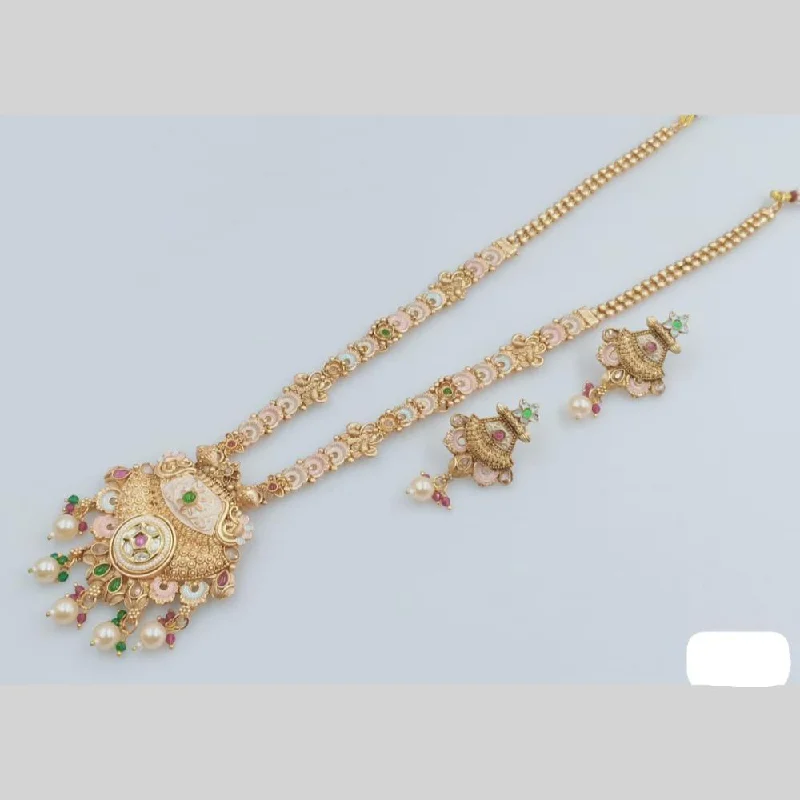 Silver and Gold Necklace-Rani Sati Jewels Gold Plated Kundan Stone And Meenakari Long Necklace Set