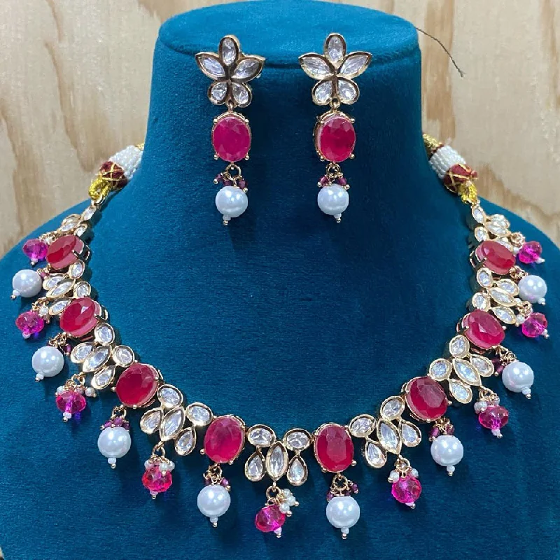 Vintage-inspired Choker Necklace-Amoliya Jewels Gold Plated Polki Kundan And Beads Necklace Set