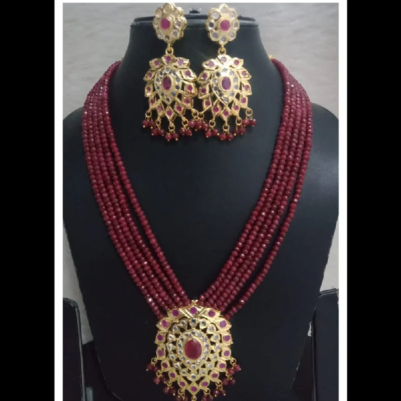 Beaded Necklace for Women-FS Collection Gold Plated Austrian Stone And Pearls Long Necklace Set