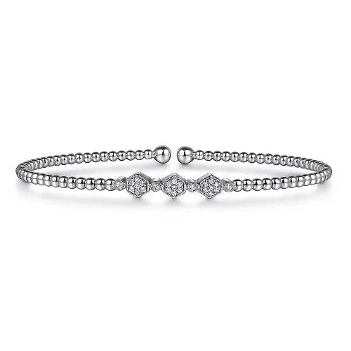 Silver Bangle with Diamond-14K White Gold Bujukan Bead and Hexagon 0.13cttw Cluster Diamond Bangle