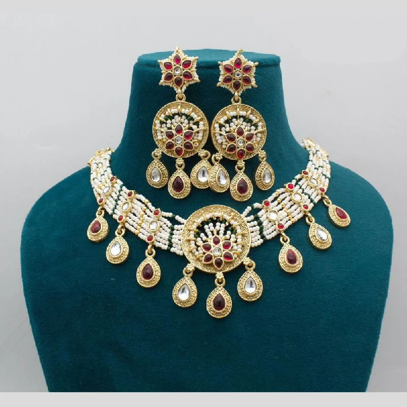 Fashionable Gold Necklace-JCM Gold Plated Pota Stone And Pearls Necklace Set