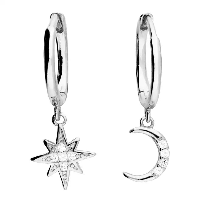 Cute Heart Earrings-Sterling Silver Cubic Zirconia Moon and Star Huggie Earrings