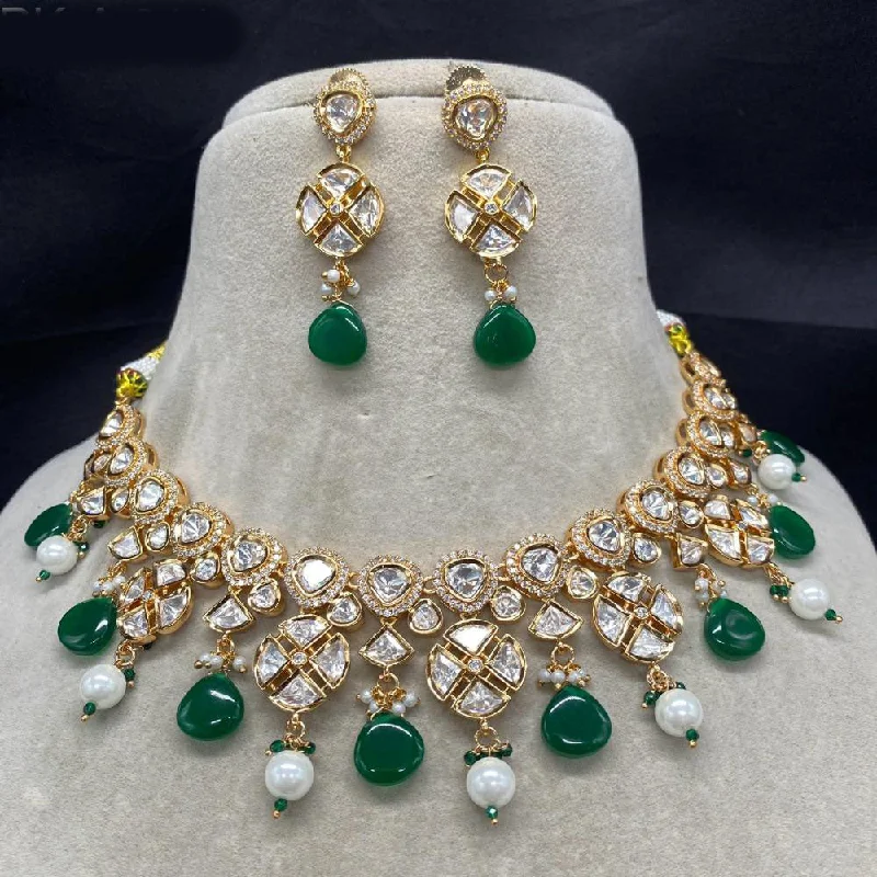 Dainty Silver Necklace-Amoliya Jewels Gold Plated Polki Kundan Stone And Pearls Necklace Set