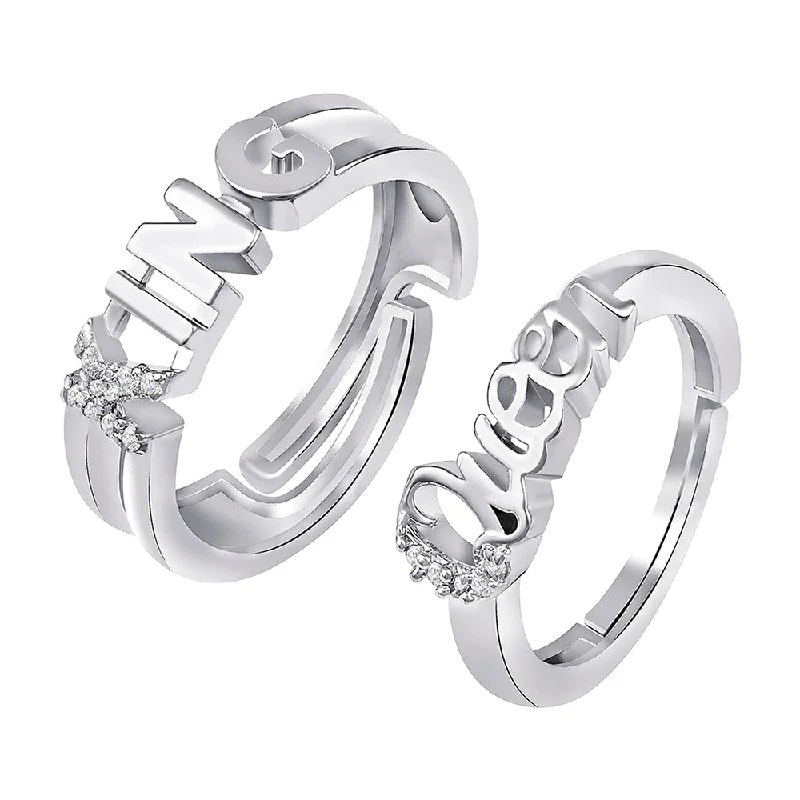 Designer Wedding Ring-Darshana Jewels Valentine Special King and Queen Adjustable Couple Finger Rings for Love with Crystal