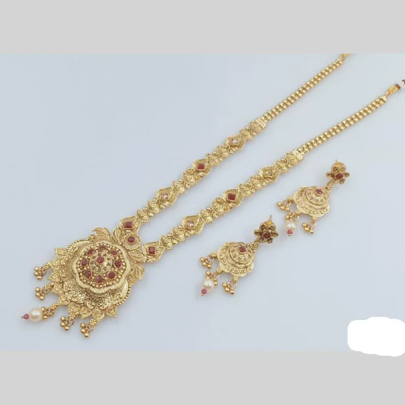 Elegant Silver Necklace-Rani Sati Jewels Gold Plated Pota Stone And Pearl Long Necklace Set